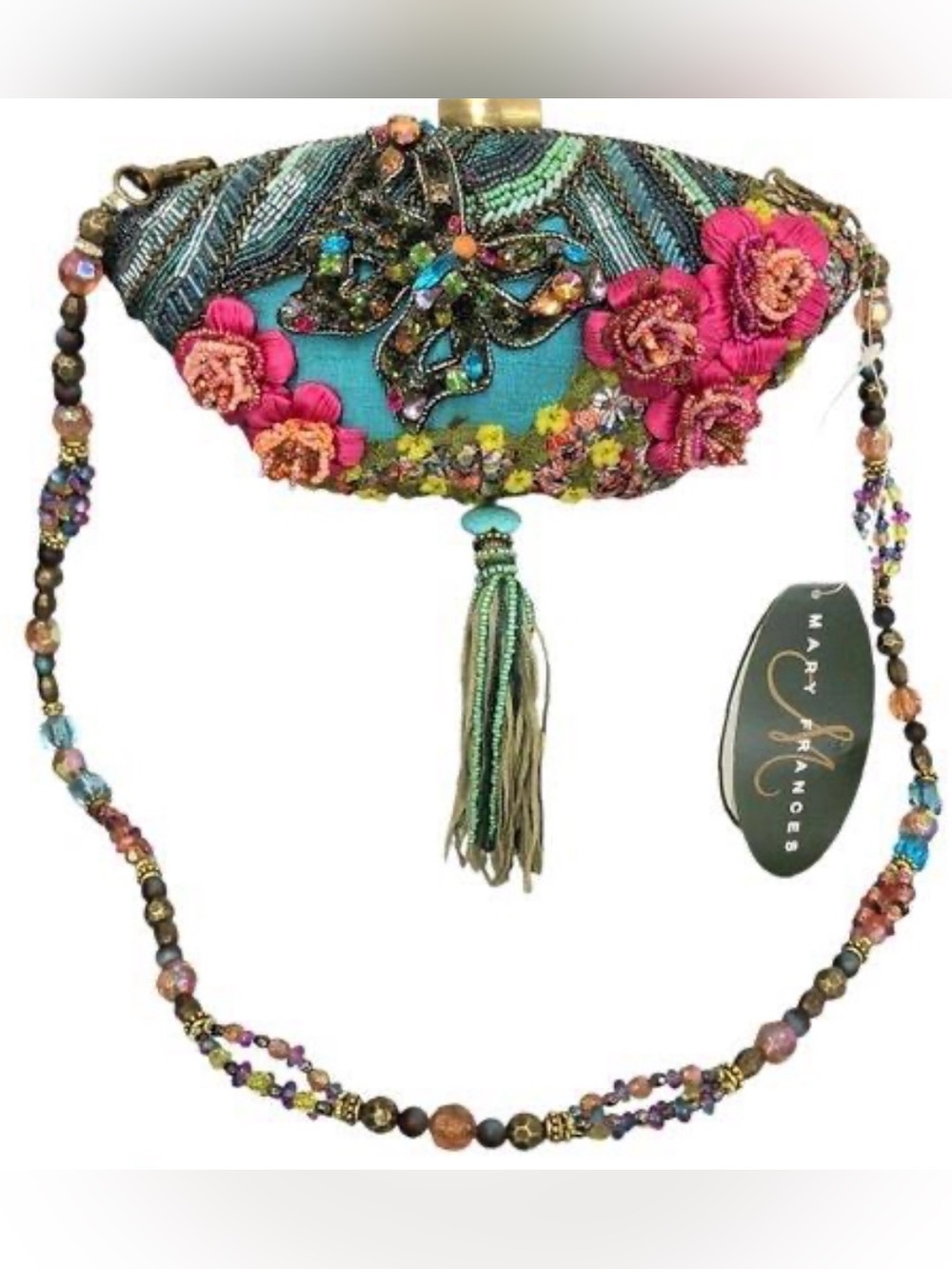 Vintage NWT Mary Frances Turquoise Pink Beaded Tea Garden Bag Purse Clutch